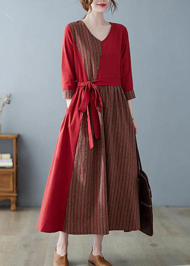 Italian Mulberry V Neck Asymmetrical Patchwork Striped Button Pockets Tie Waist Linen Dress Three Quarter Sleeve - Image 2