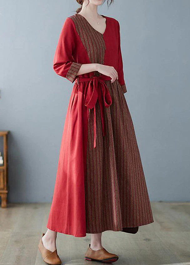 Italian Mulberry V Neck Asymmetrical Patchwork Striped Button Pockets Tie Waist Linen Dress Three Quarter Sleeve - Image 3