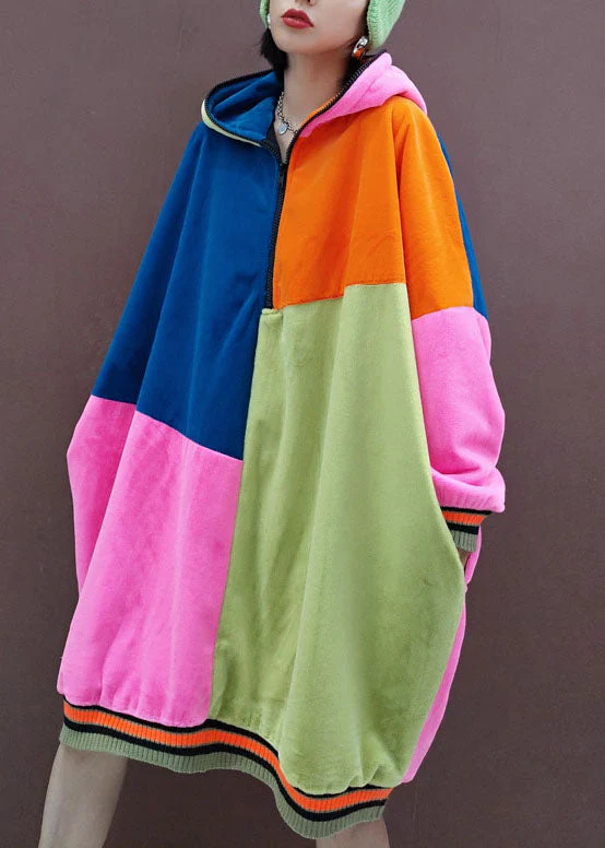 Italian multi Hooded Pockets Patchwork Pullover Sweatshirt dresses Spring - Image 3