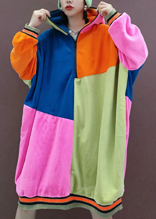 Italian multi Hooded Pockets Patchwork Pullover Sweatshirt dresses Spring - Image 4