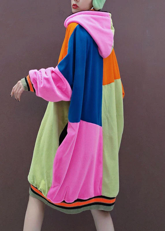 Italian multi Hooded Pockets Patchwork Pullover Sweatshirt dresses Spring - Image 5