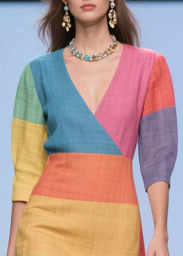 Italian Multicolored Asymmetrical Patchwork Linen Silk Dress Summer - Image 2