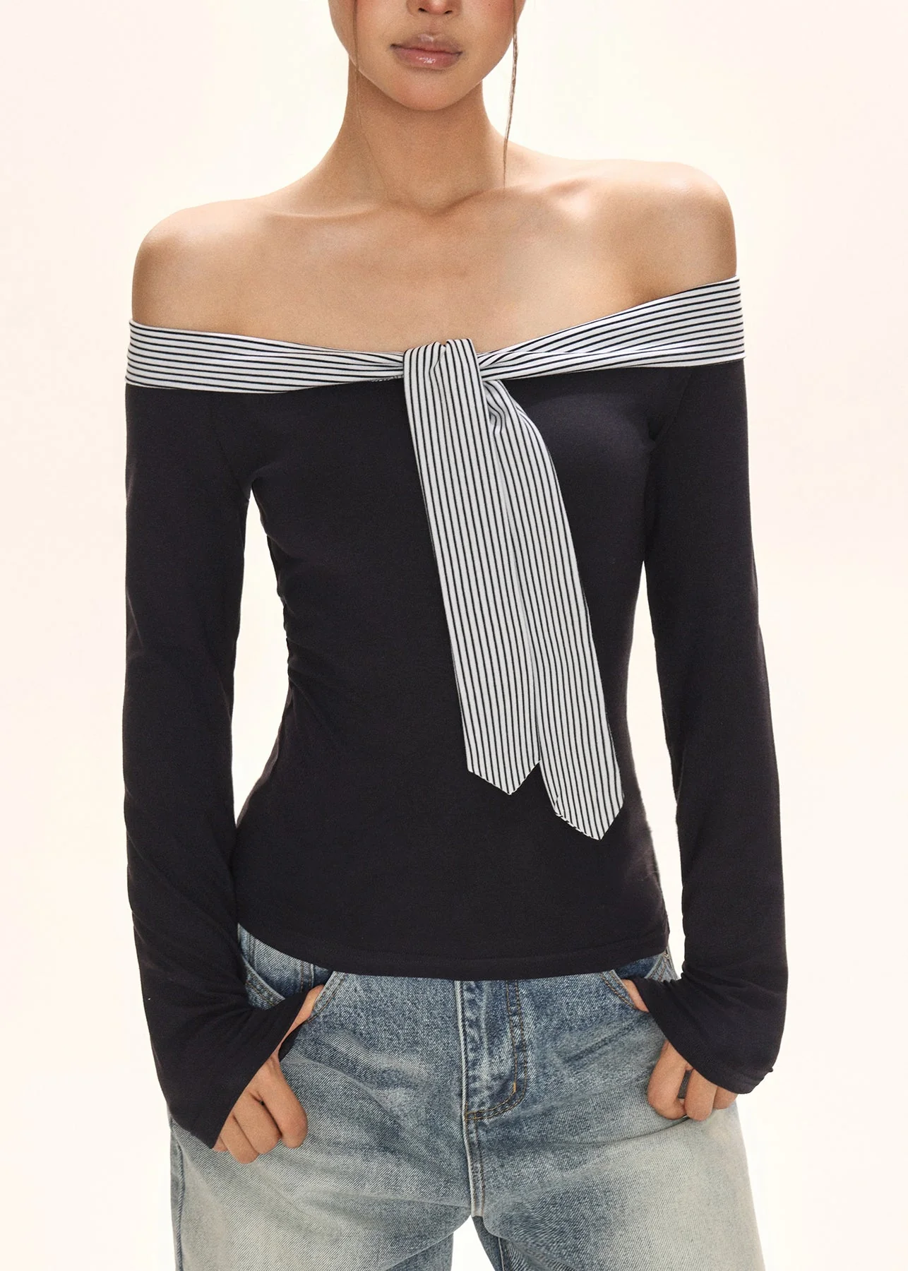 Italian Navy Blue Cold Shoulder Tie Lace T Shirt Fall - Image 2