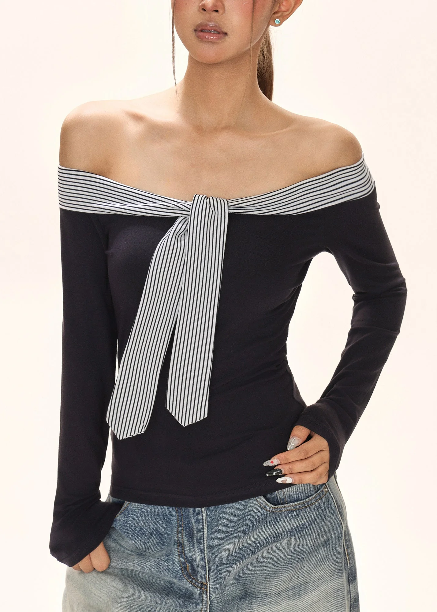 Italian Navy Blue Cold Shoulder Tie Lace T Shirt Fall - Image 3