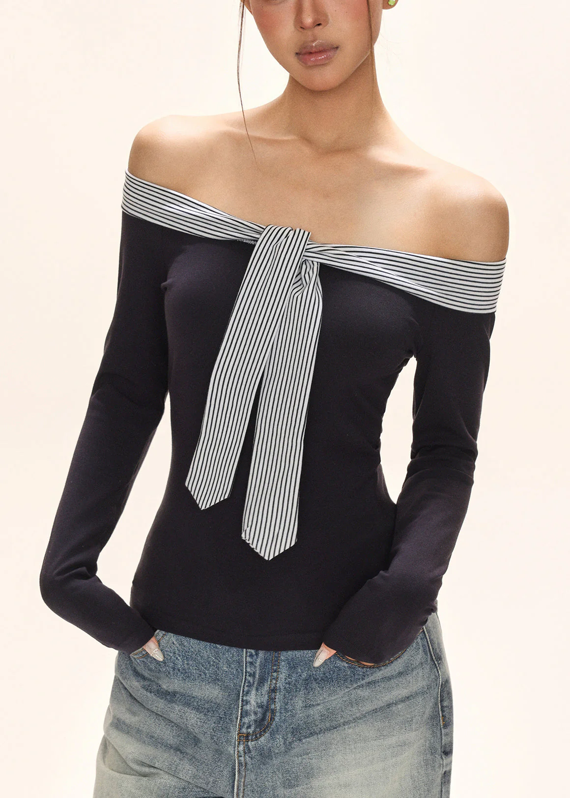 Italian Navy Blue Cold Shoulder Tie Lace T Shirt Fall - Image 4
