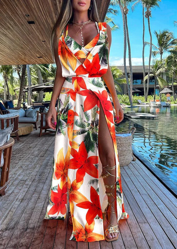 Italian Navy Blue V Neck Asymmetrical Print Tunic Side Open Maxi Dress Summer - Image 3