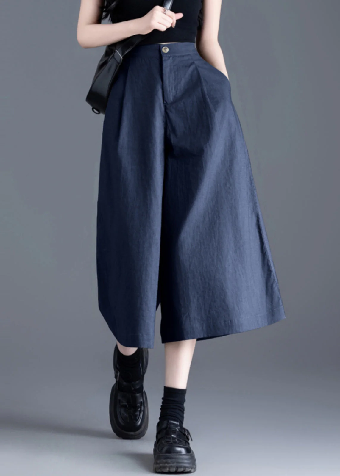 Italian Navy High Waist Linen Crop Pants Skirts Summer - Image 3