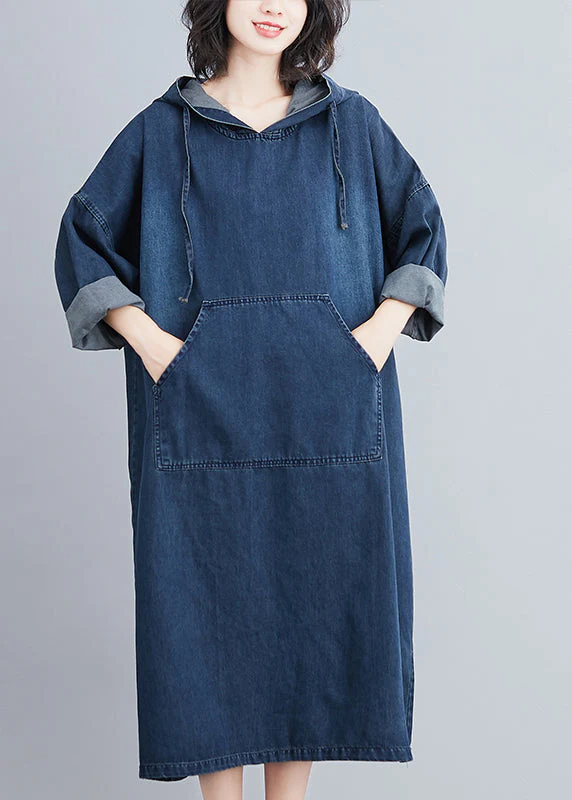 Italian Navy Hooded Oversized Denim Sweatshirt Dress Summer - Image 2