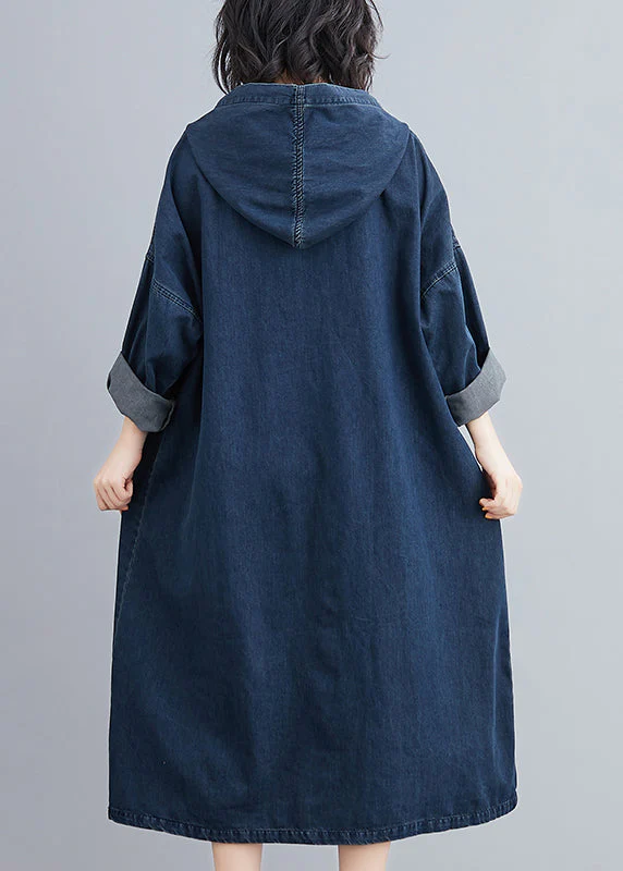 Italian Navy Hooded Oversized Denim Sweatshirt Dress Summer - Image 4
