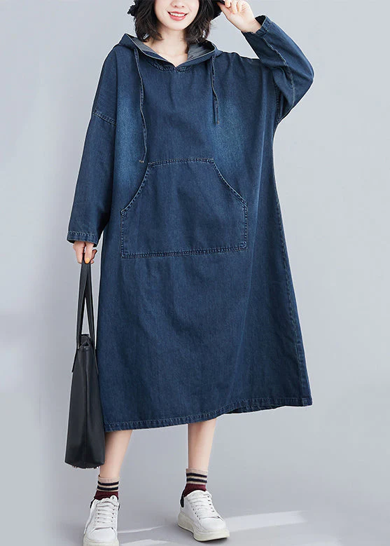 Italian Navy Hooded Oversized Denim Sweatshirt Dress Summer - Image 5