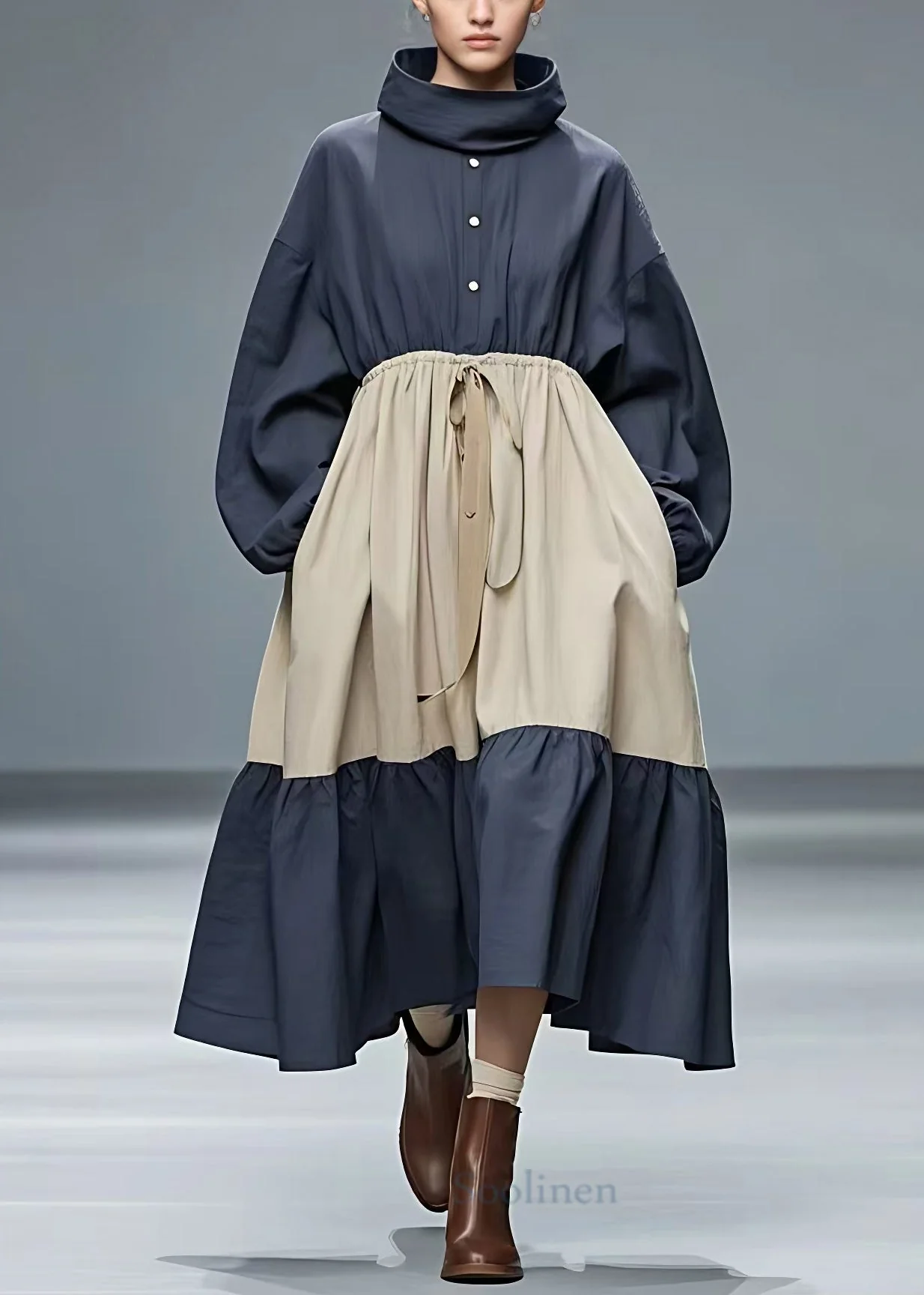 Italian Navy Lace Up Pockets Cotton Long Dresses Long Sleeve - Image 2