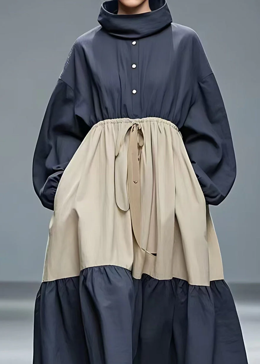 Italian Navy Lace Up Pockets Cotton Long Dresses Long Sleeve - Image 4