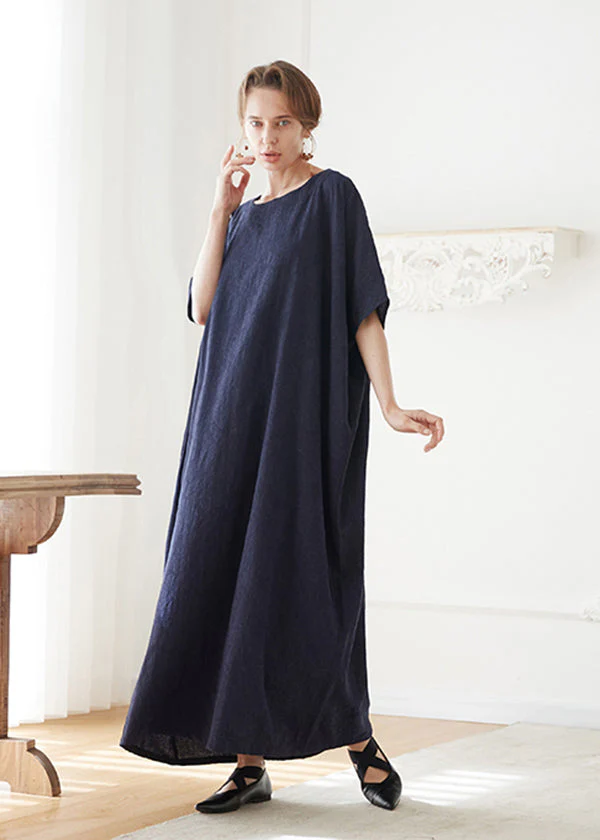 Italian Navy O Neck Jacquard Cotton Robe Dresses Summer - Image 4