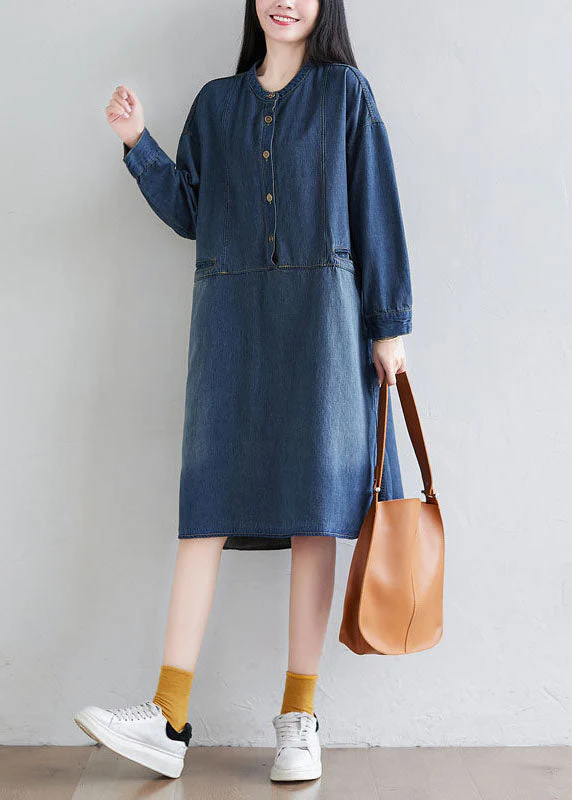 Italian Navy O Neck Patchwork Denim Dress Spring - Image 3