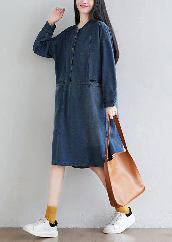 Italian Navy O Neck Patchwork Denim Dress Spring - Image 4
