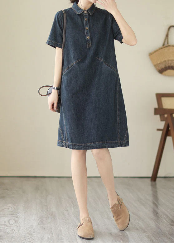 Italian Navy Peter Pan Collar Pockets Patchwork Denim Shirts Dress Summer - Image 3