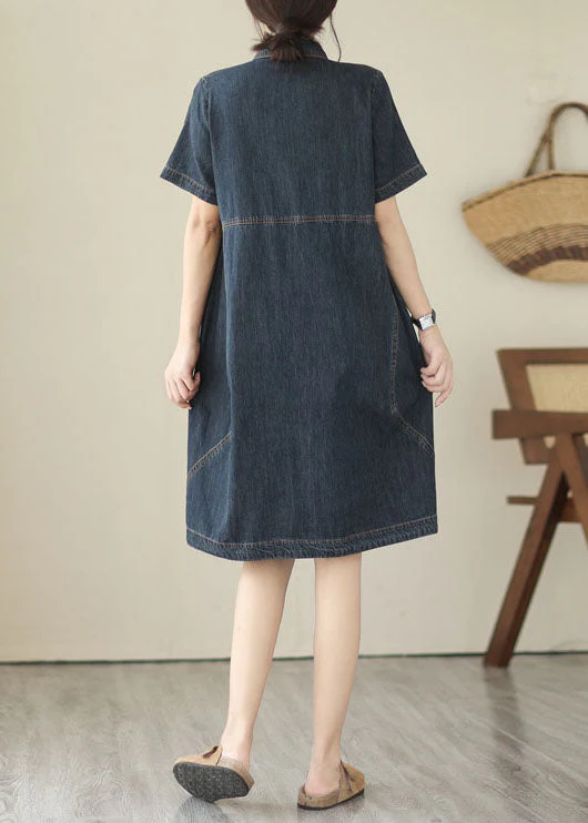 Italian Navy Peter Pan Collar Pockets Patchwork Denim Shirts Dress Summer - Image 4