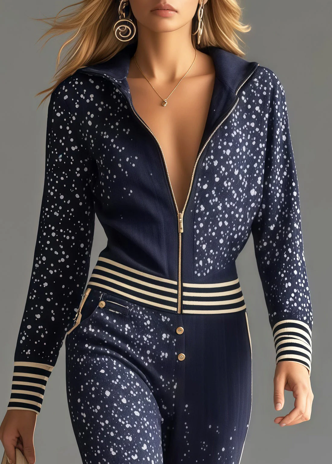 Italian Navy Print Patchwork Striped Chiffon Jumpsuit Spring - Image 2