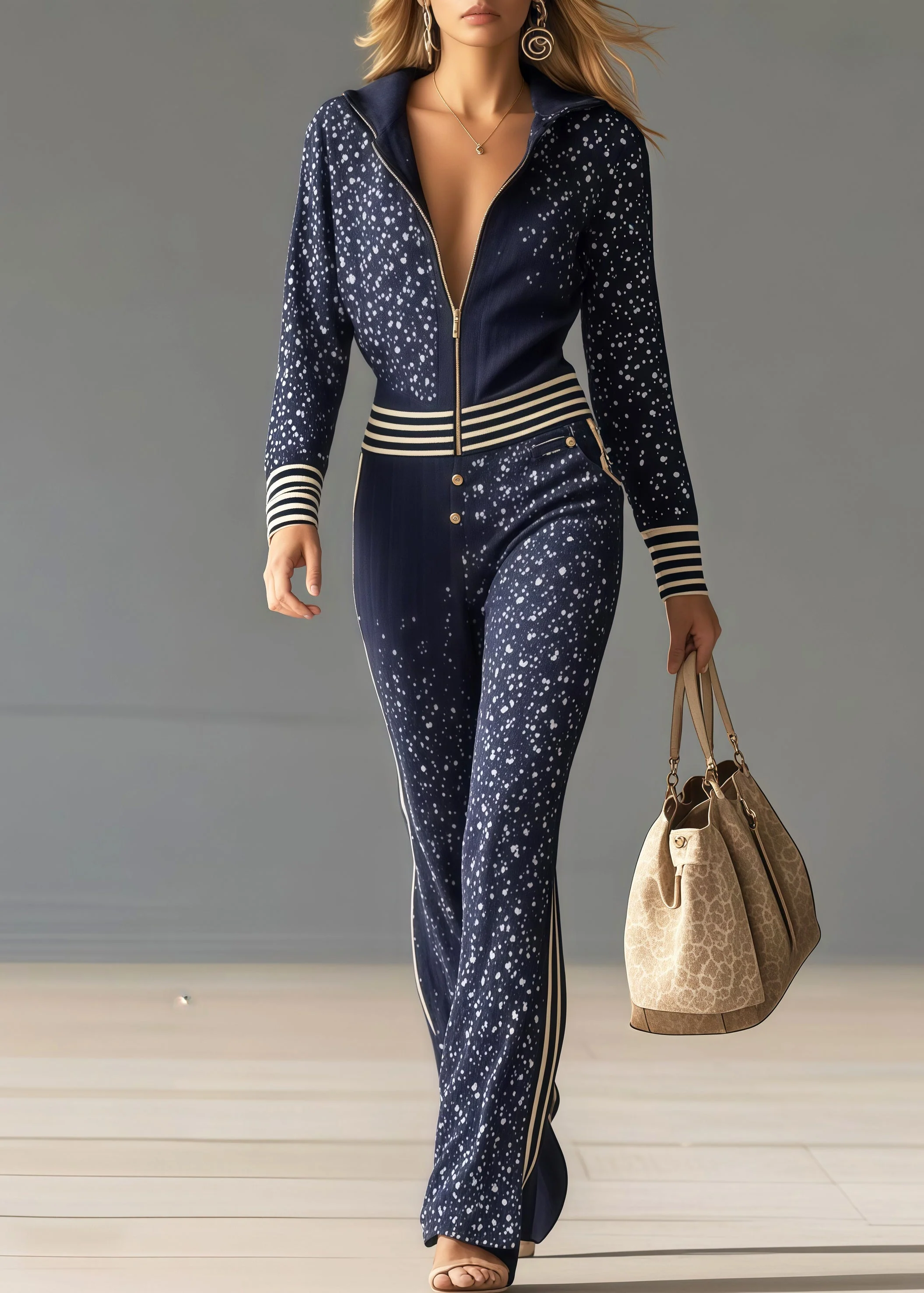 Italian Navy Print Patchwork Striped Chiffon Jumpsuit Spring - Image 3