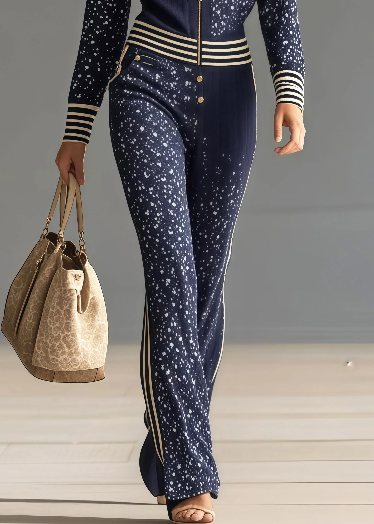 Italian Navy Print Patchwork Striped Chiffon Jumpsuit Spring - Image 4