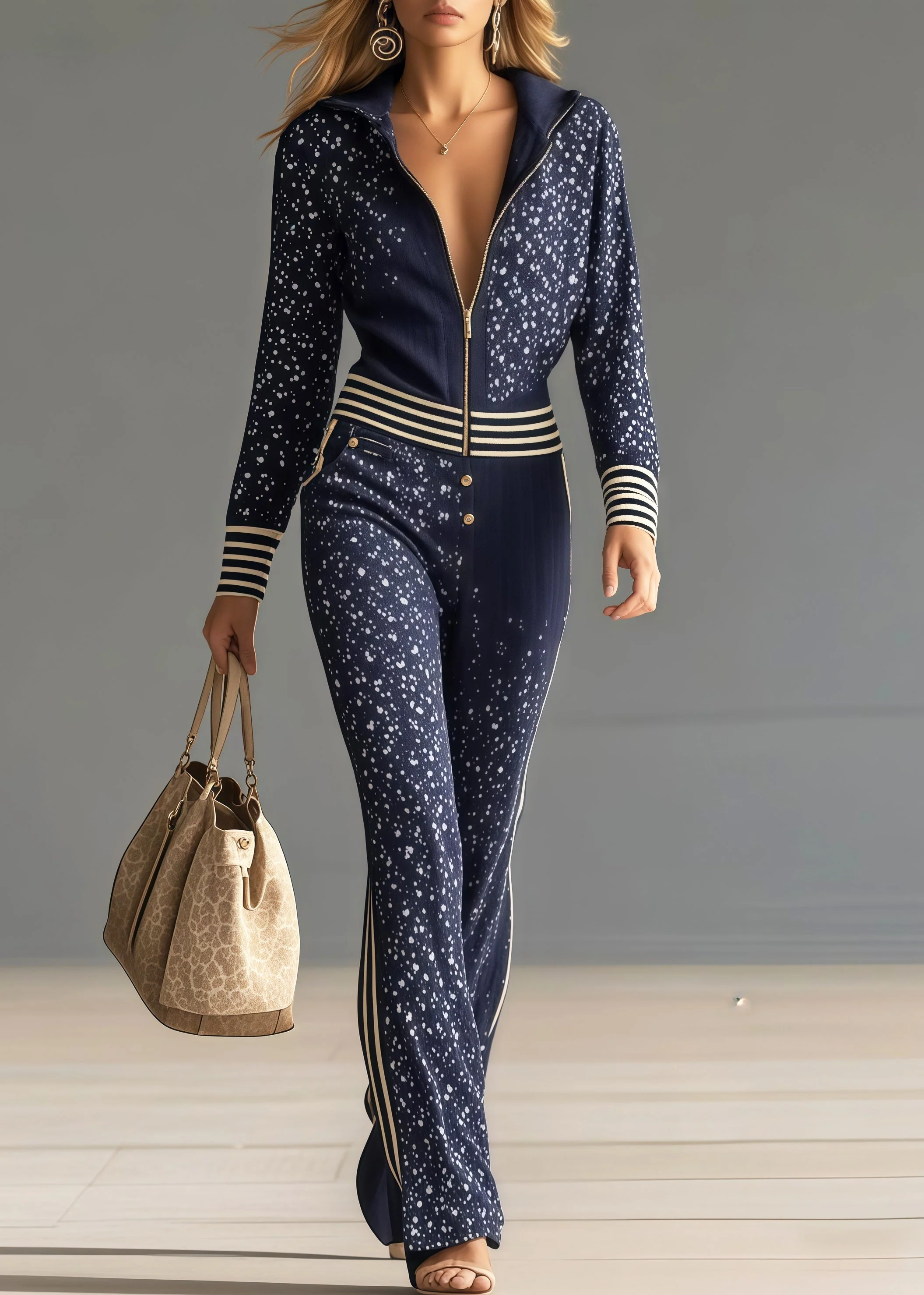 Italian Navy Print Patchwork Striped Chiffon Jumpsuit Spring - Image 5
