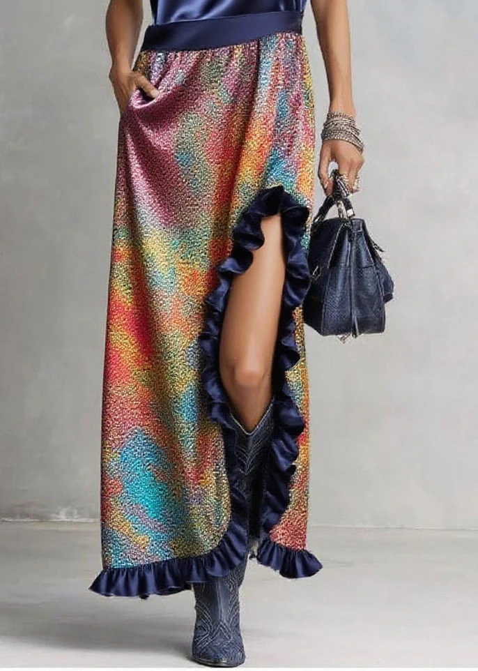 Italian Navy Ruffled Patchwork Print Silk Robe Dresses Sleeveless - Image 4