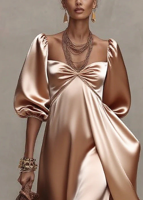 Italian Nude Exra Large Hem Draping Silk Dress Lantern Sleeve - Image 2