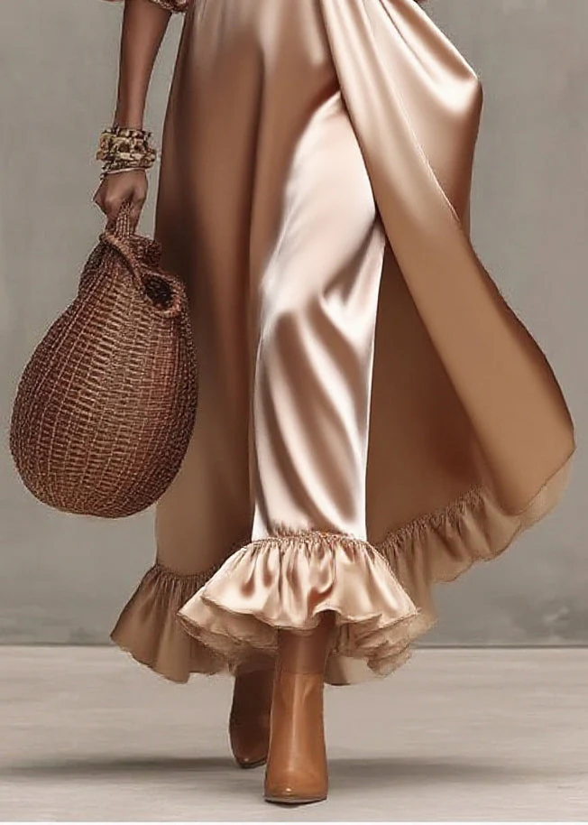 Italian Nude Exra Large Hem Draping Silk Dress Lantern Sleeve - Image 4