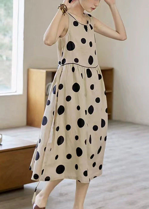 Italian O Neck Dot Tie Waist Cotton Long Dress Sleeveless - Image 2