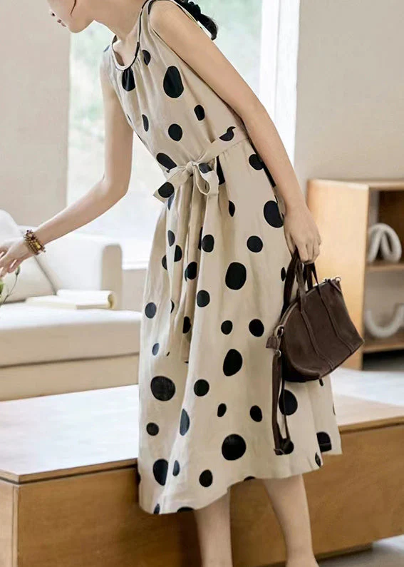 Italian O Neck Dot Tie Waist Cotton Long Dress Sleeveless - Image 3