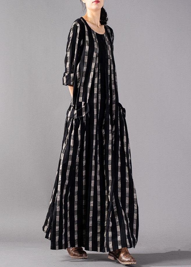 Italian o neck pockets linen clothes Runway black Plaid Dresses fall - Image 3