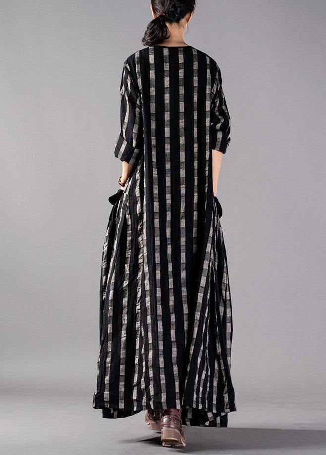 Italian o neck pockets linen clothes Runway black Plaid Dresses fall - Image 4
