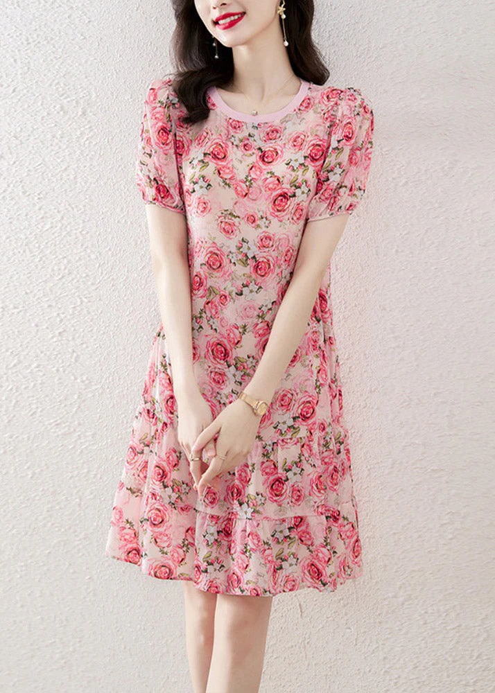 Italian O-Neck Print Wrinkled Silk Mid Dresses Short Sleeve - Image 2