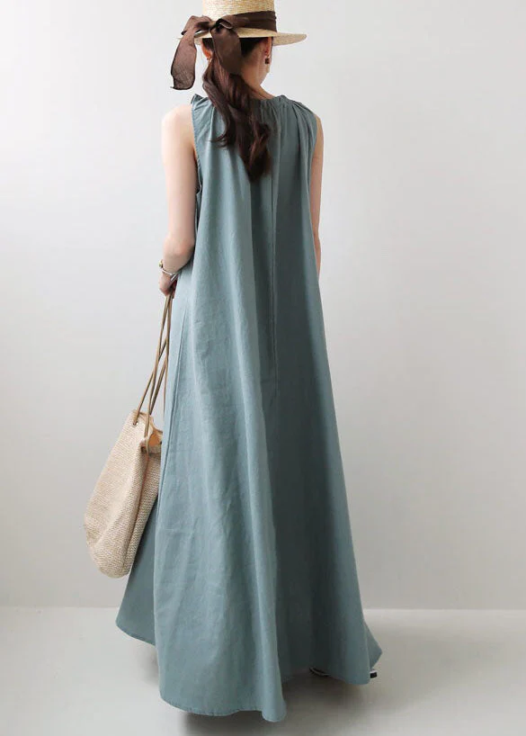 Italian O Neck Wrinkled Patchwork Cotton Holiday Dress Sleeveless - Image 4