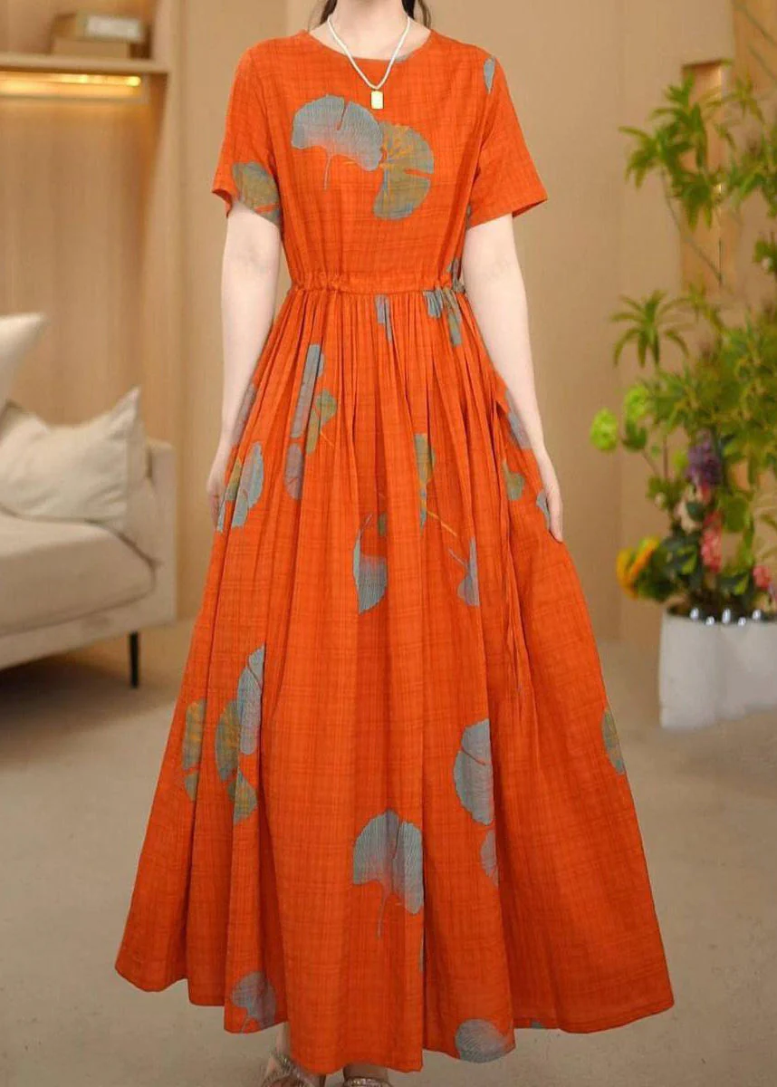 Italian Orange Cinched Print Cotton Maxi Dresses Summer - Image 2