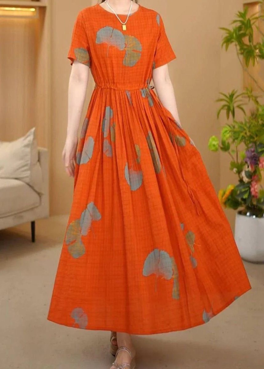 Italian Orange Cinched Print Cotton Maxi Dresses Summer - Image 3