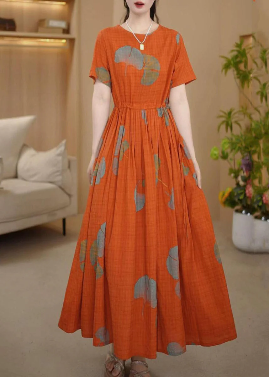 Italian Orange Cinched Print Cotton Maxi Dresses Summer - Image 4