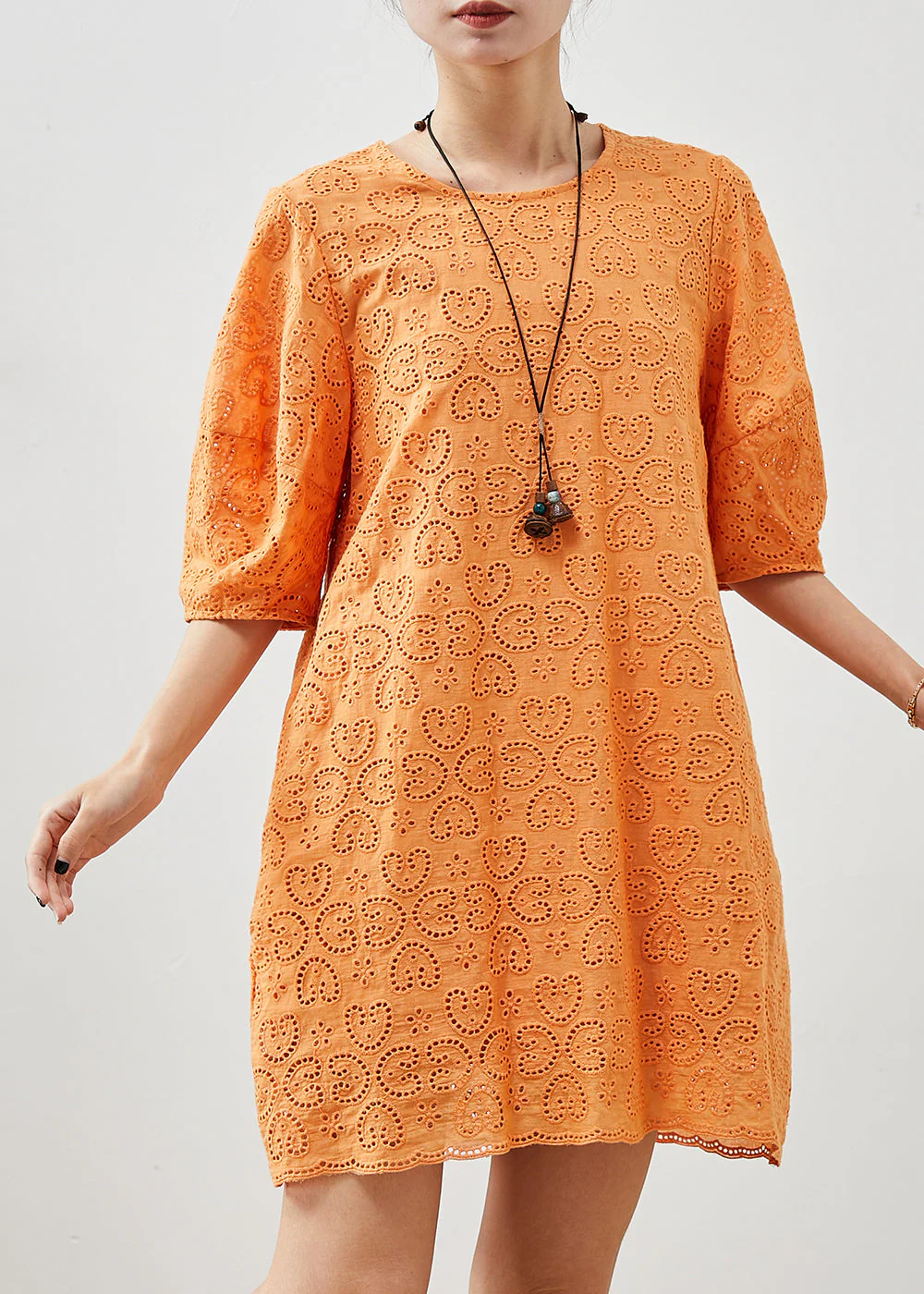 Italian Orange Embroidered Hollow Out Cotton Dress Summer - Image 2