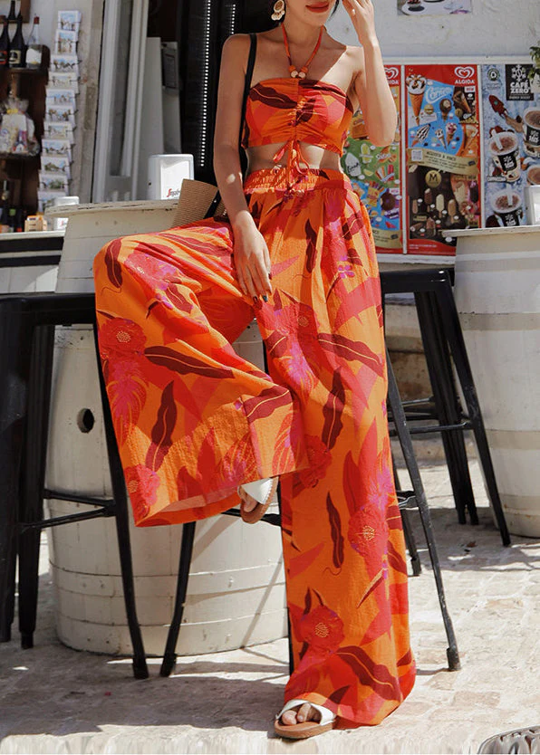 Italian Orange Print Cotton Strapless Tops And Wide Leg Pants Two Pieces Set Summer - Image 5