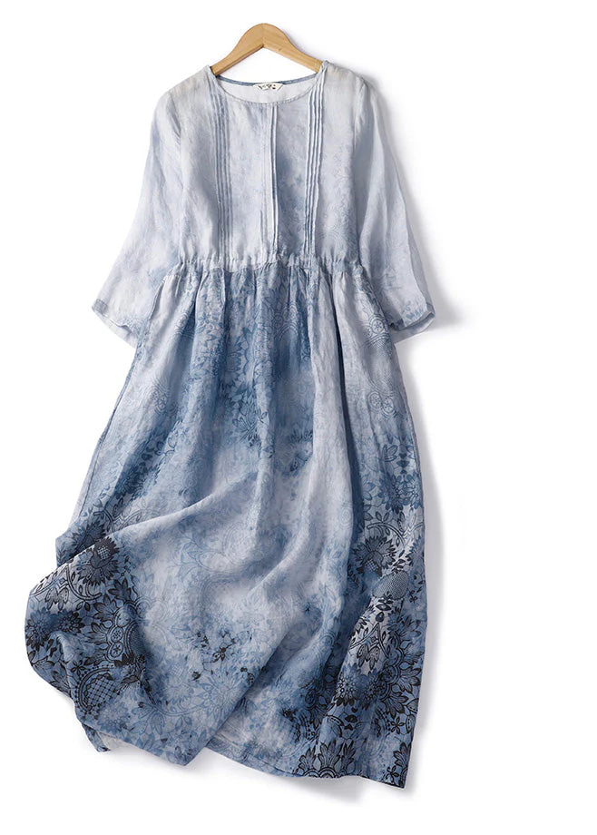 Italian Orange Print Patchwork Drawstring Linen Long Dresses Summer - Image 2