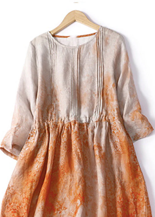 Italian Orange Print Patchwork Drawstring Linen Long Dresses Summer - Image 4