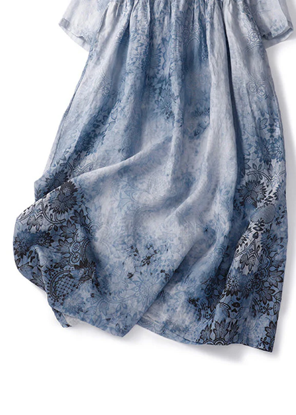 Italian Orange Print Patchwork Drawstring Linen Long Dresses Summer - Image 5