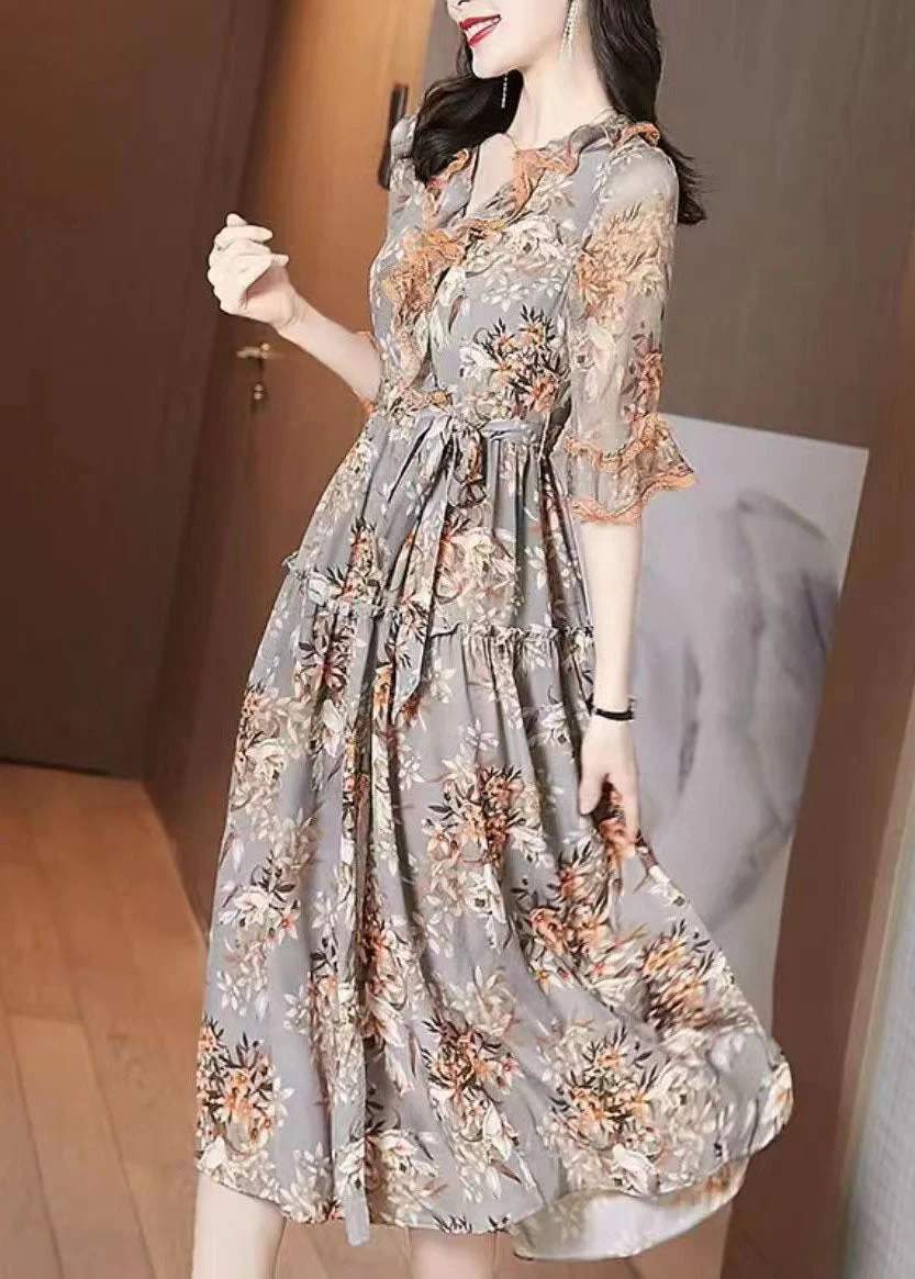 Italian Orange Ruffled Print Wrinkled Silk Holiday Dresses Flare Sleeve - Image 3