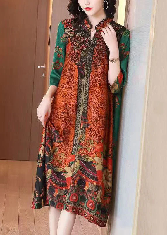 Italian Orange Stand Collar Print Patchwork Silk Long Dress Half Sleeve - Image 2