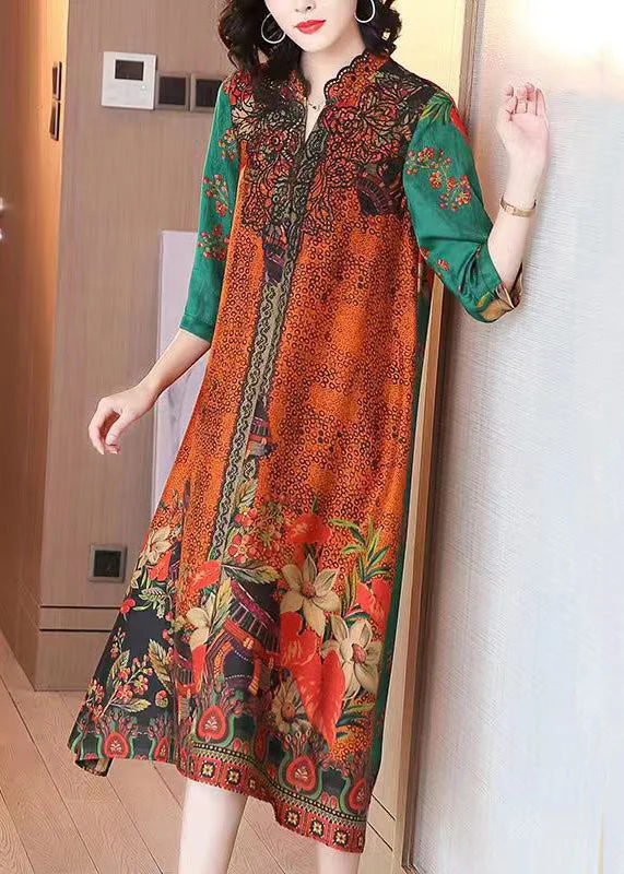 Italian Orange Stand Collar Print Patchwork Silk Long Dress Half Sleeve - Image 3