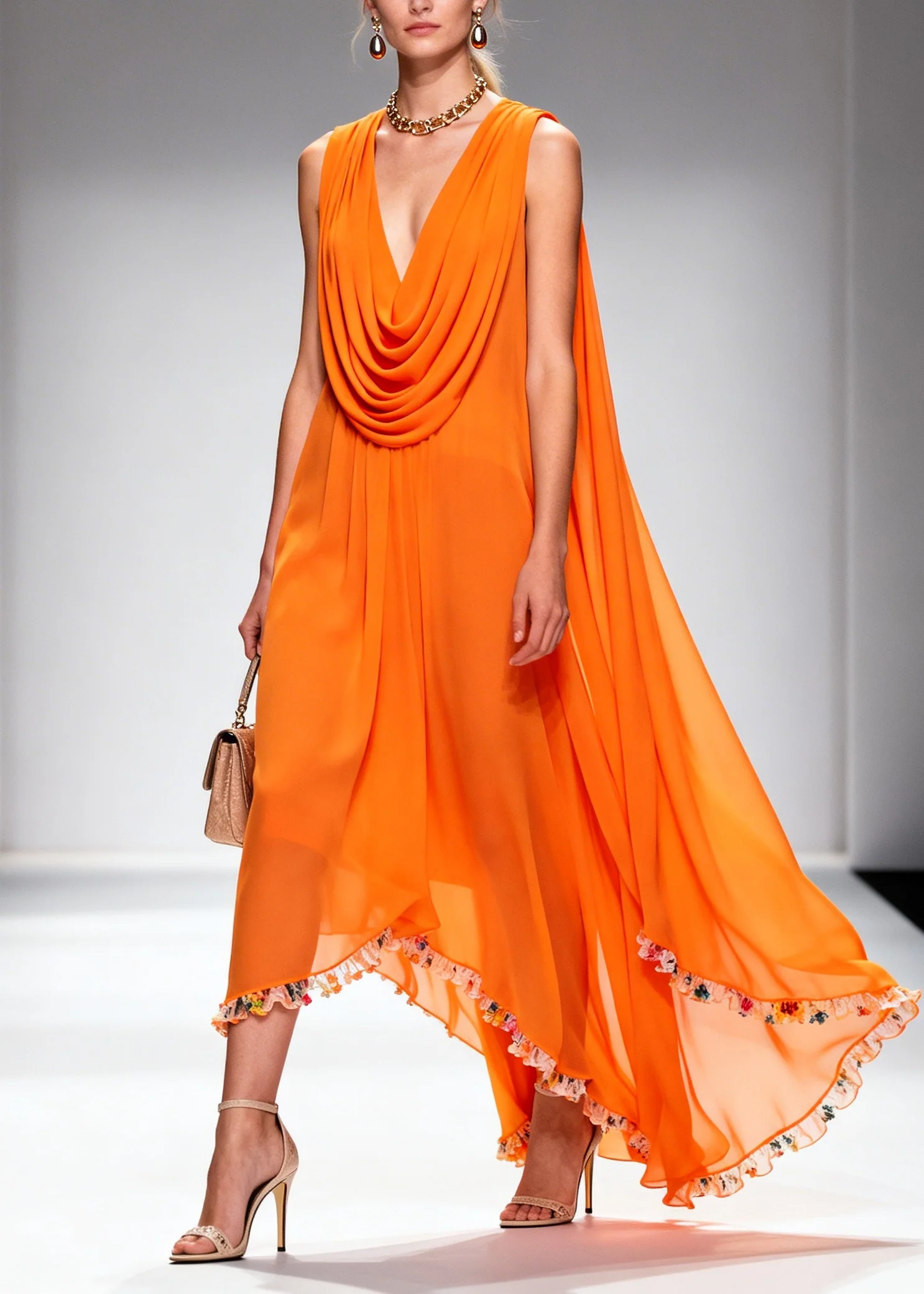 Italian Orange Turtle Neck Patchwork Flower Lace Chiffon Beach Dresses Sleeveless - Image 5