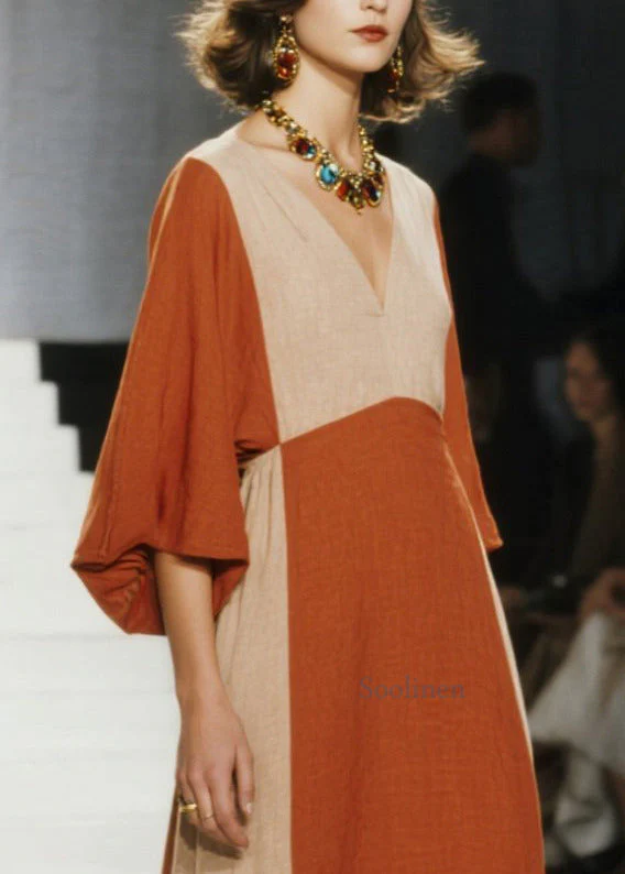 Italian Orange V Neck Patchwork Cotton Ankle Dress Spring - Image 2