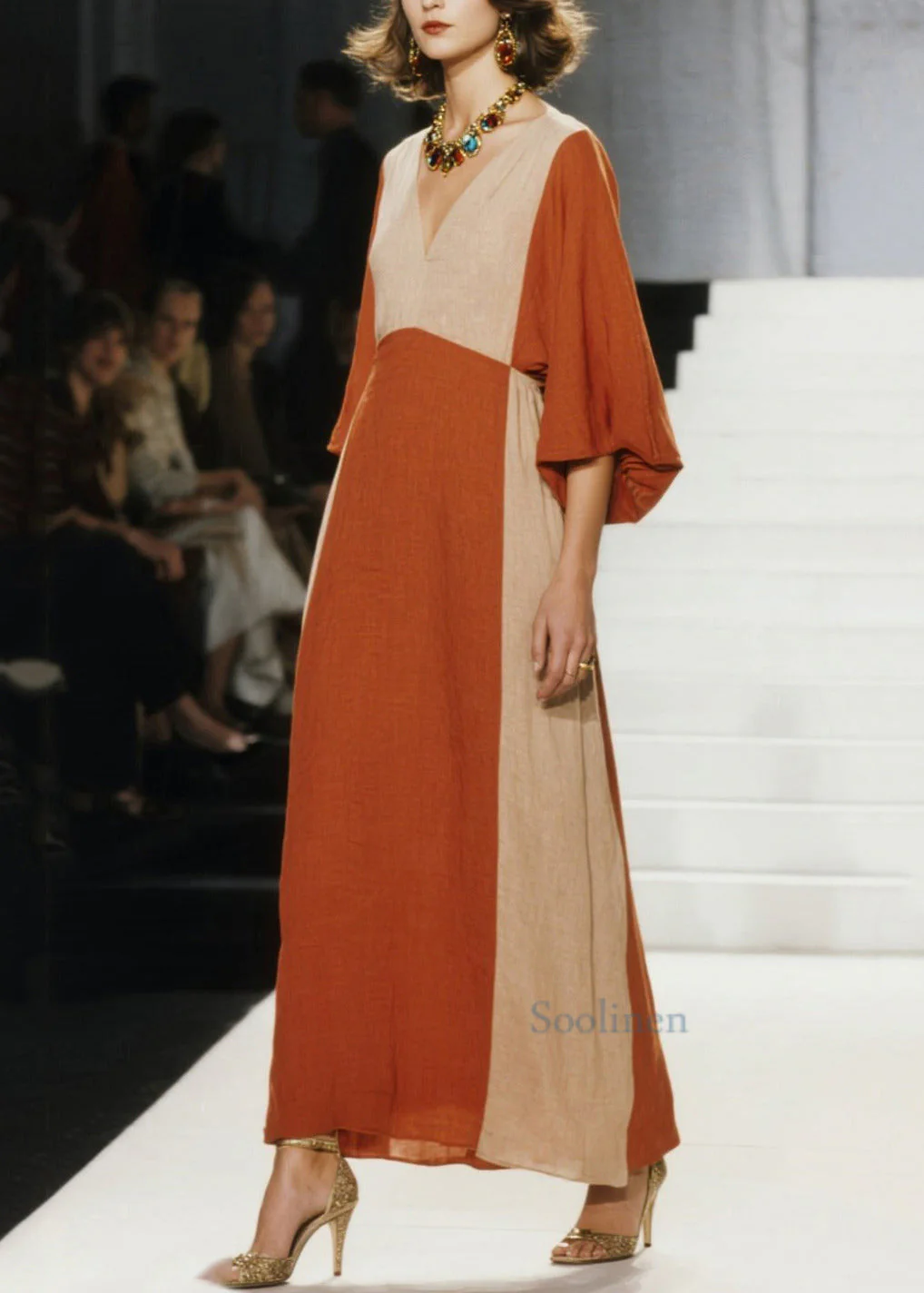 Italian Orange V Neck Patchwork Cotton Ankle Dress Spring - Image 3