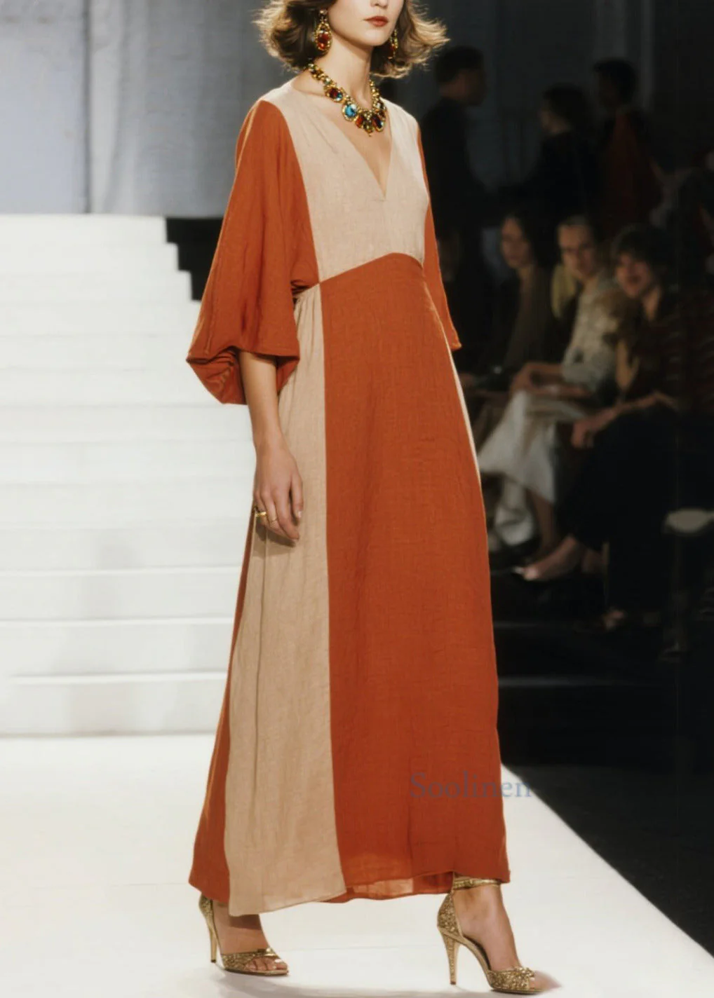 Italian Orange V Neck Patchwork Cotton Ankle Dress Spring - Image 5