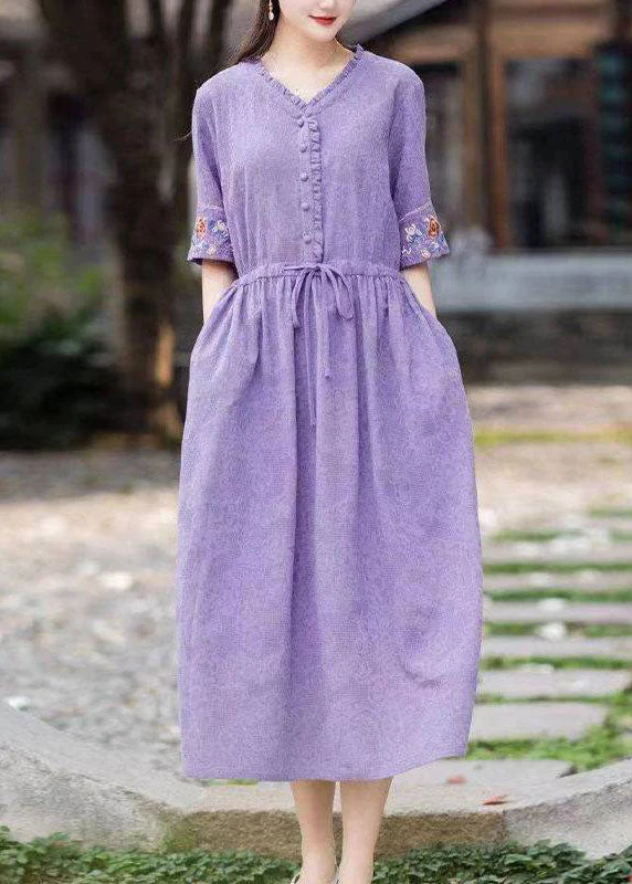Italian Orange V Neck Tie Waist Embroideried Cotton Dresses Short Sleeve - Image 2